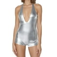 thumbnail image 4 of DHFJKG Rompers For Women PU Leather Deep V Neck Halter Stretchy Shiny Sexy Tight Onesie Sleeveless Low Cut Nightclub Wear Stylish One-Pieces, 4 of 5