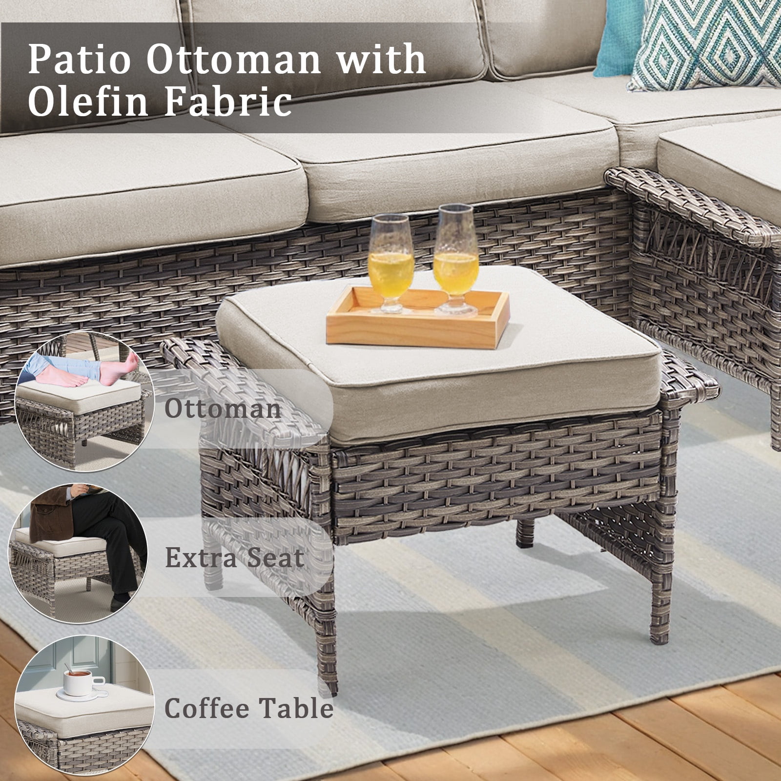 Lumiinofami 5 Piece Patio Furniture Set, Wicker Outdoor Patio Conversation Swivel Glider Rocker Chairs Set with Ottomans and Storage Side Table for Balcony Deck Garden, Beige Cushions