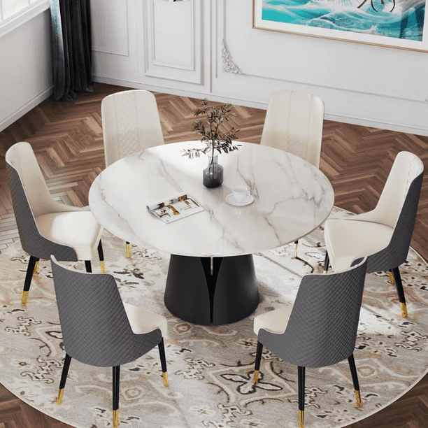 Modern Round Dining Table, White Sintered Stone Tabletop Dining Room