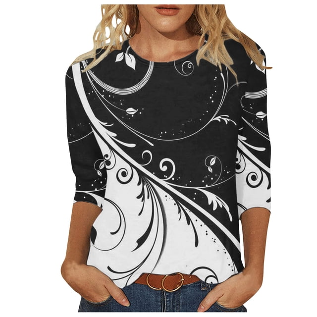 Pompotops T-shirt de Mode pour Femme Mi-Long Manches 3/4 Blouse Col Rond Hauts Décontractés Liquidation