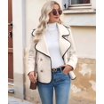thumbnail image 5 of Women Contrast Trim Double Breasted -Jacket Long Sleeve Cropped Casual Loose Fit Coats with Pockets Beige S, 5 of 9