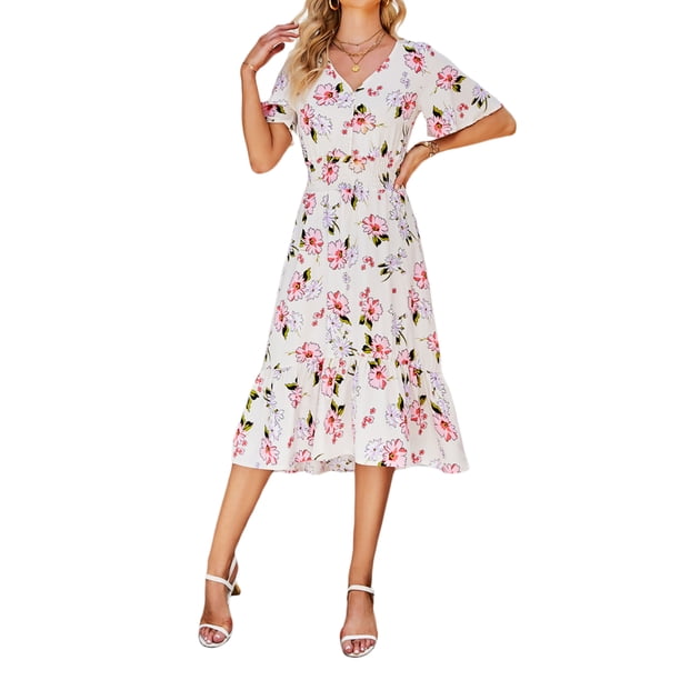 SAYOO Mujer Verano Cuello en V Manga Corta Cintura Alta Ruffle Hem Midi Vestidos SAYOO Sexy