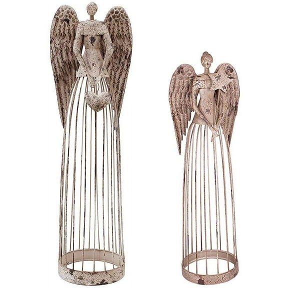 Antiqued Metal Garden Angel Statue Set of 2, Indoor Outdoor Angel Yard Art Decor Lawn Patio Decorations Holiday Decor Garden Gift Idea (2 Set)