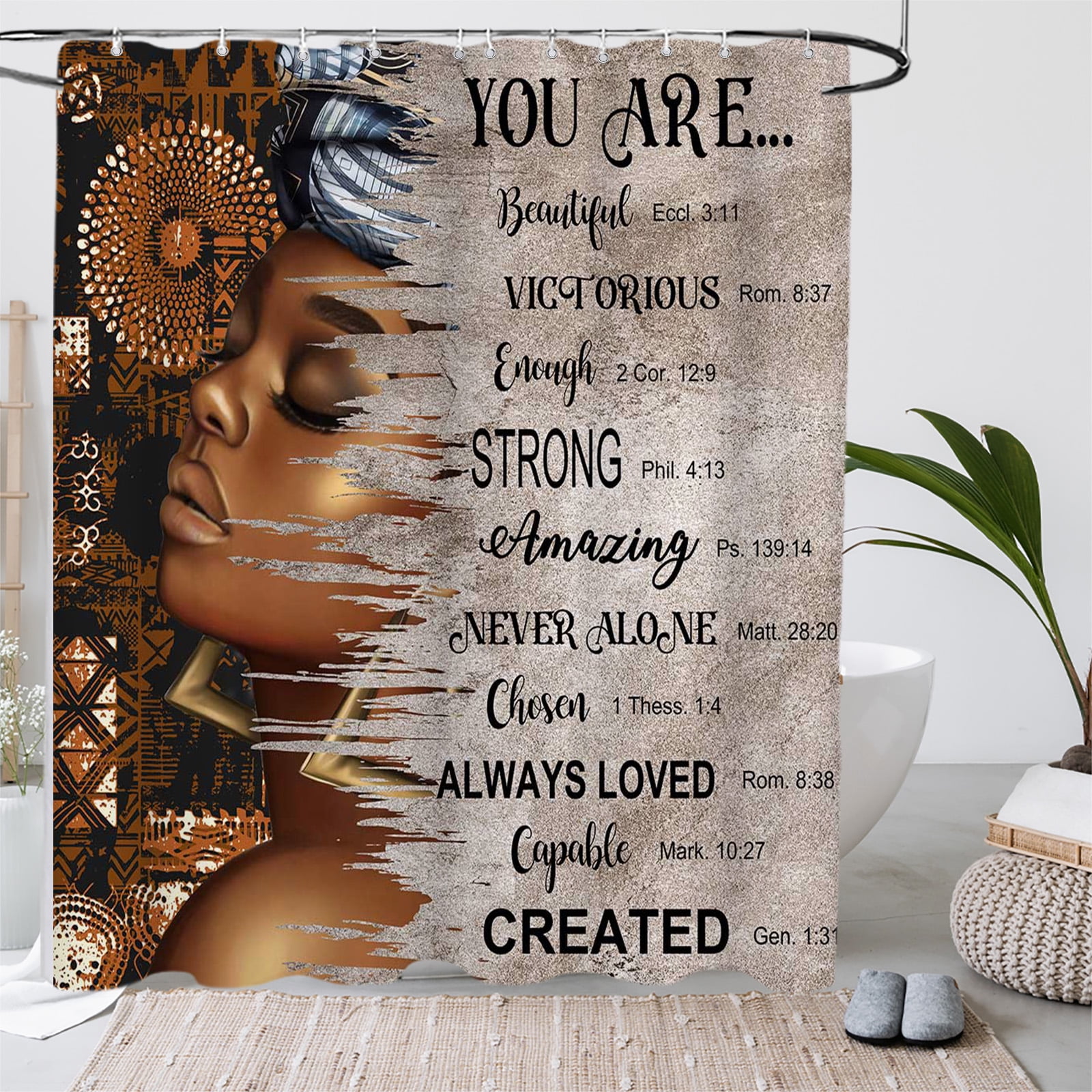 4 Pcs African Black Girl inspirational Words Shower Curtain Set with Rugs Toilet Cover and Bath Mat for Bathroom Cultural African American Love Girl Purple Shower Curtain with Hooks