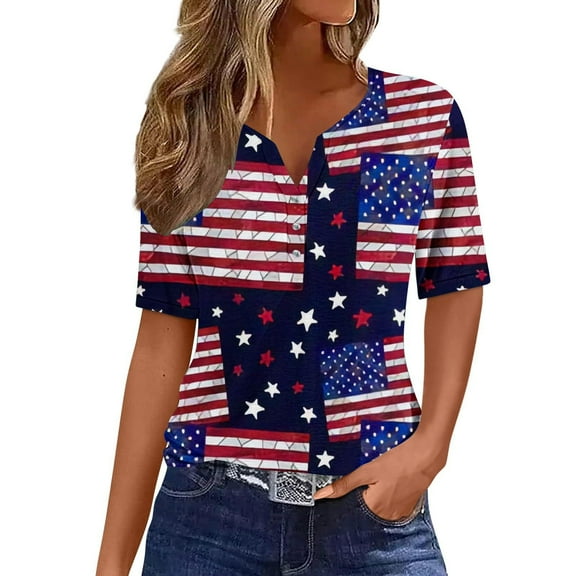 qipepei American Flag Shirt for Women 4th of July T-Shirt Patriotic T-Shirts Women's Independence Day Casual Printed Short Sleeve V-Neck Top Blouse