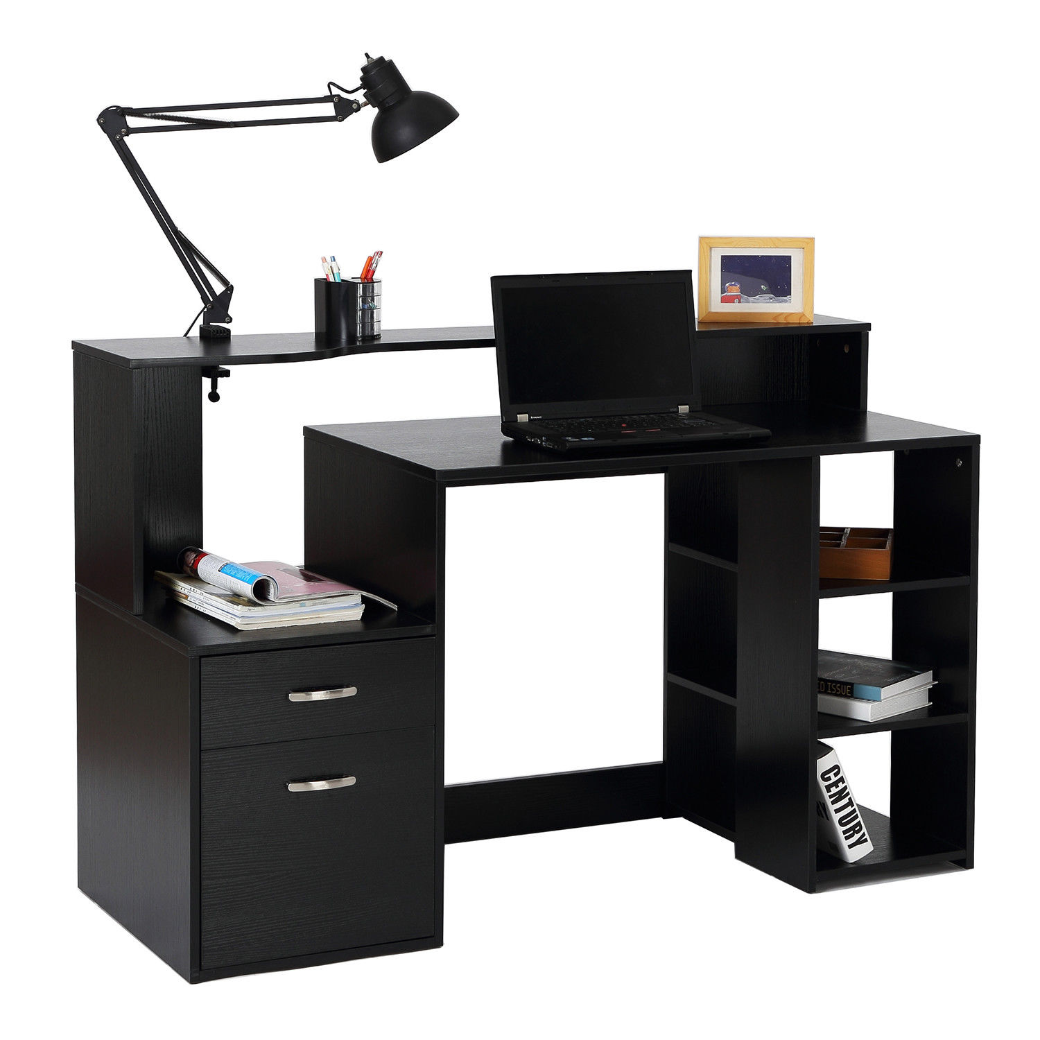 55" MultiLevel Modern Design Home Office Desk With Shelves And Drawers, Black Walmart