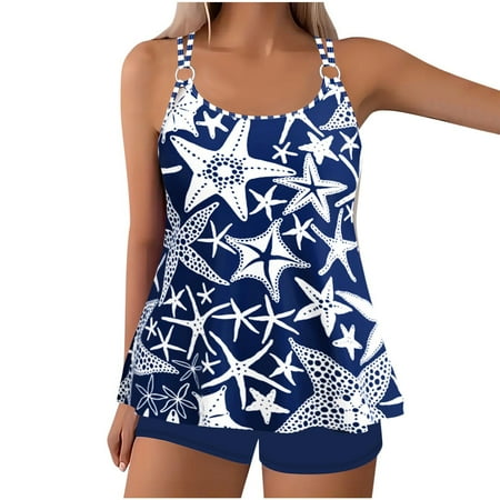 Tankini Swimsuit for Women Flowy Floral Print Two Piece Bathing Suit Plus Size Swimwear Tank Top with Boyshorts Dark Blue 2XL Clearance