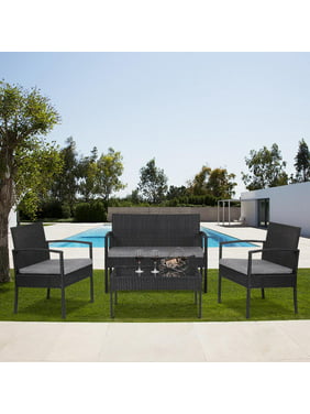 Zimtown 4 PCS Outdoor Conversation Set with Glass Coffee Table, Loveseat & 2 Cushioned Chairs