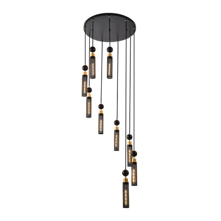 24" Modern Industrial Multi-Light Pendant Chandelier - 9-Light Black and Gold Adjustable Ceiling Light Fixture with Mesh Cylinder Shades for Living Room, Dining Room, or Staircase (Bulb Not Included)
