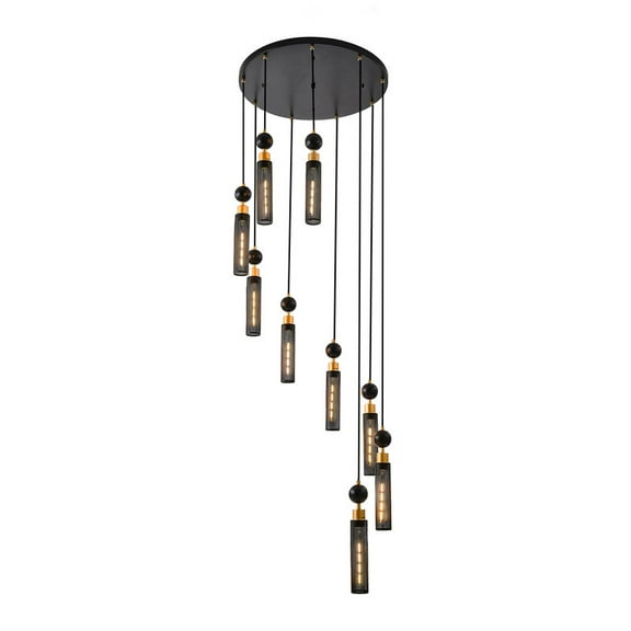 24" Modern Industrial Multi-Light Pendant Chandelier - 9-Light Black and Gold Adjustable Ceiling Light Fixture with Mesh Cylinder Shades for Living Room, Dining Room, or Staircase (Bulb Not Included)
