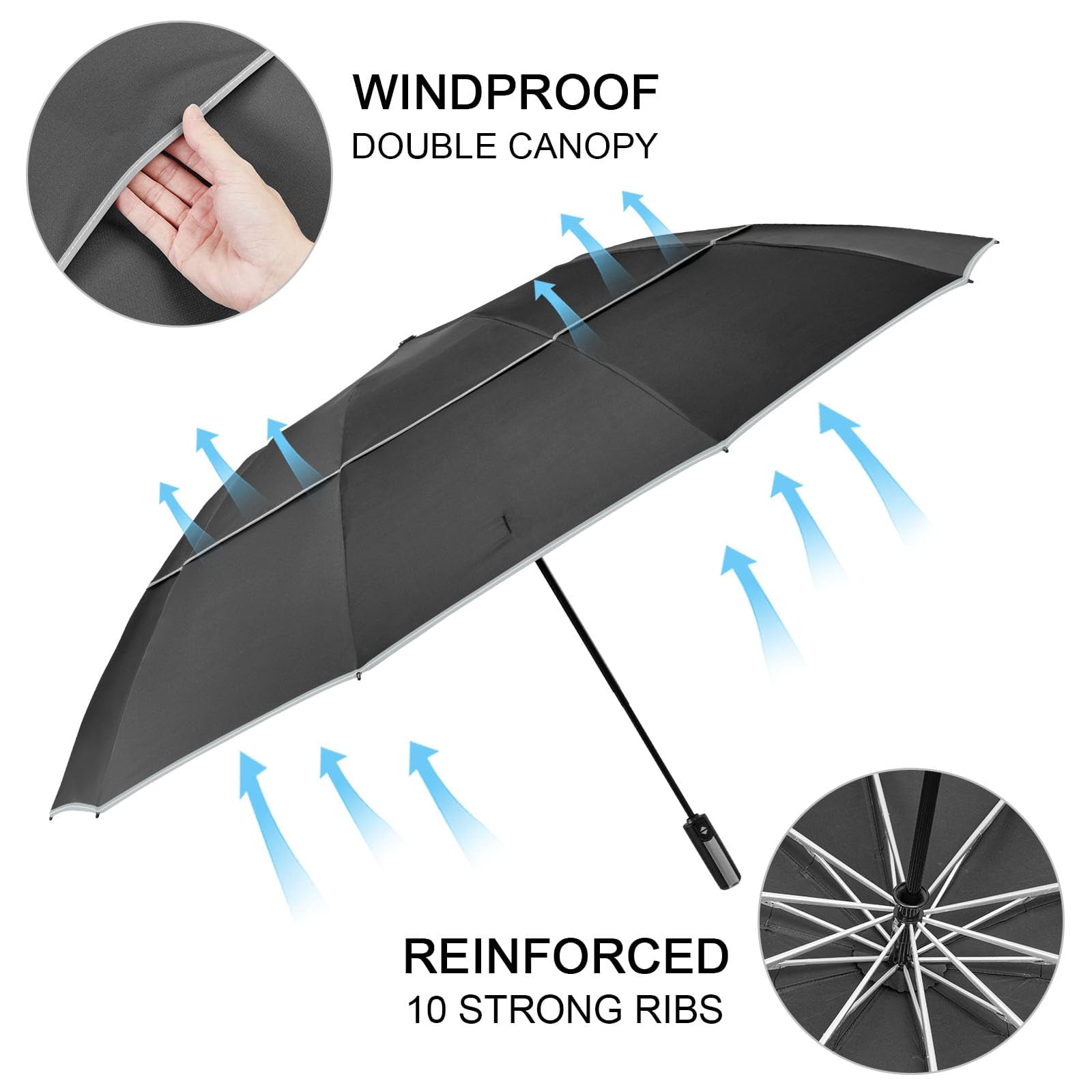 G4Free 54/62 inch Windproof Inverted Umbrella, Reflective Stripe Double Canopy, Automatic Open/Close, Compact for Travel, 10 Ribs Rain Protection