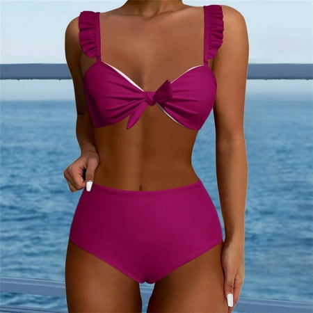 Ovticza Womens High Waisted Bikini Sets Ruffle Cheeky Tummy Control Full Coverage Push Up Solid Two Piece Swimsuits Wine 2XL