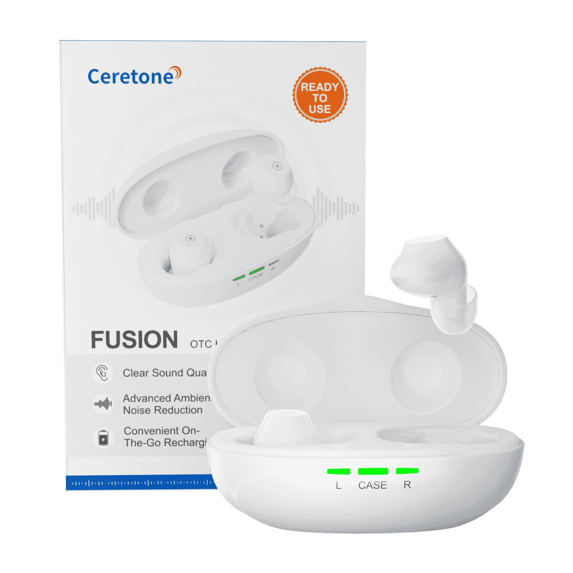 Ceretone Fusion Hearing Aids Rechargeable (OTC), Adults Hearing Amplifiers for Hearing Loss, Hearing Amplifiers with Magnetic Charging Case, Universal Fit, White