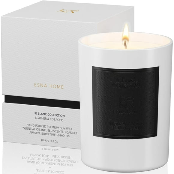 ESNA HOME Leblanc Leather & Tobac Premium Aromatherapy Scented Soy Candle | 8.8oz 50hr Long Burning | Gift Boxed