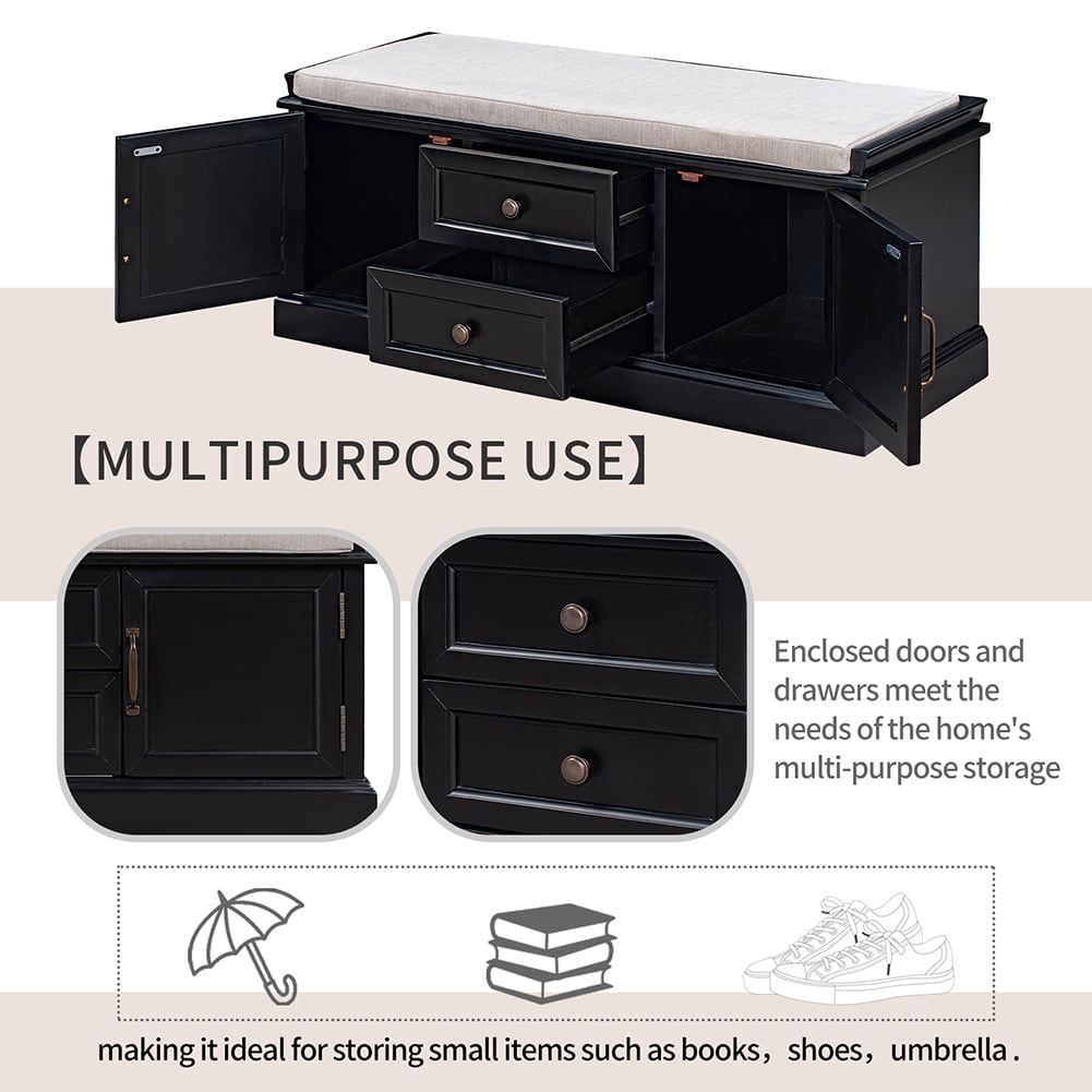 Lowestbest Storage Bench with 2 Drawers and 2 cabinets, Shoe Bench with Removable Cushion for Living Room, Entryway (Black) Lowestbest Storage Bench with 2 Drawers and 2 cabinets, Shoe Bench with Removable Cushion for Living Room, Entryway (Black)