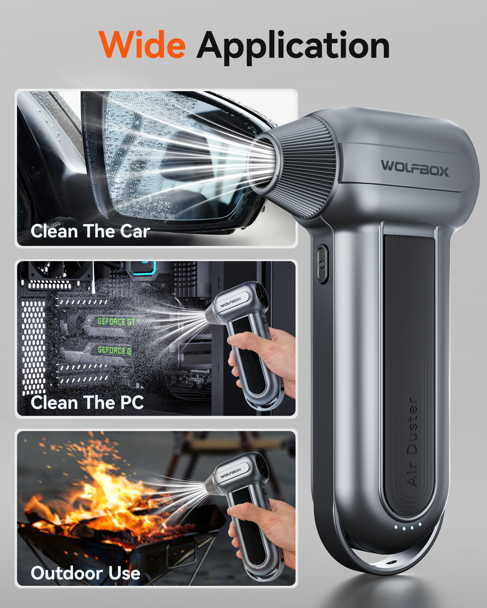 WOLFBOX ELECTRIC AIR DUSTER,150000 RPM SUPER POWER CORDLESS COMPRESSED AIR DUSTER MINI BLOWER FOR KEYBOARD,PC,HOME CLEANING OUTDOOR,CAR CLEANING,BLACK