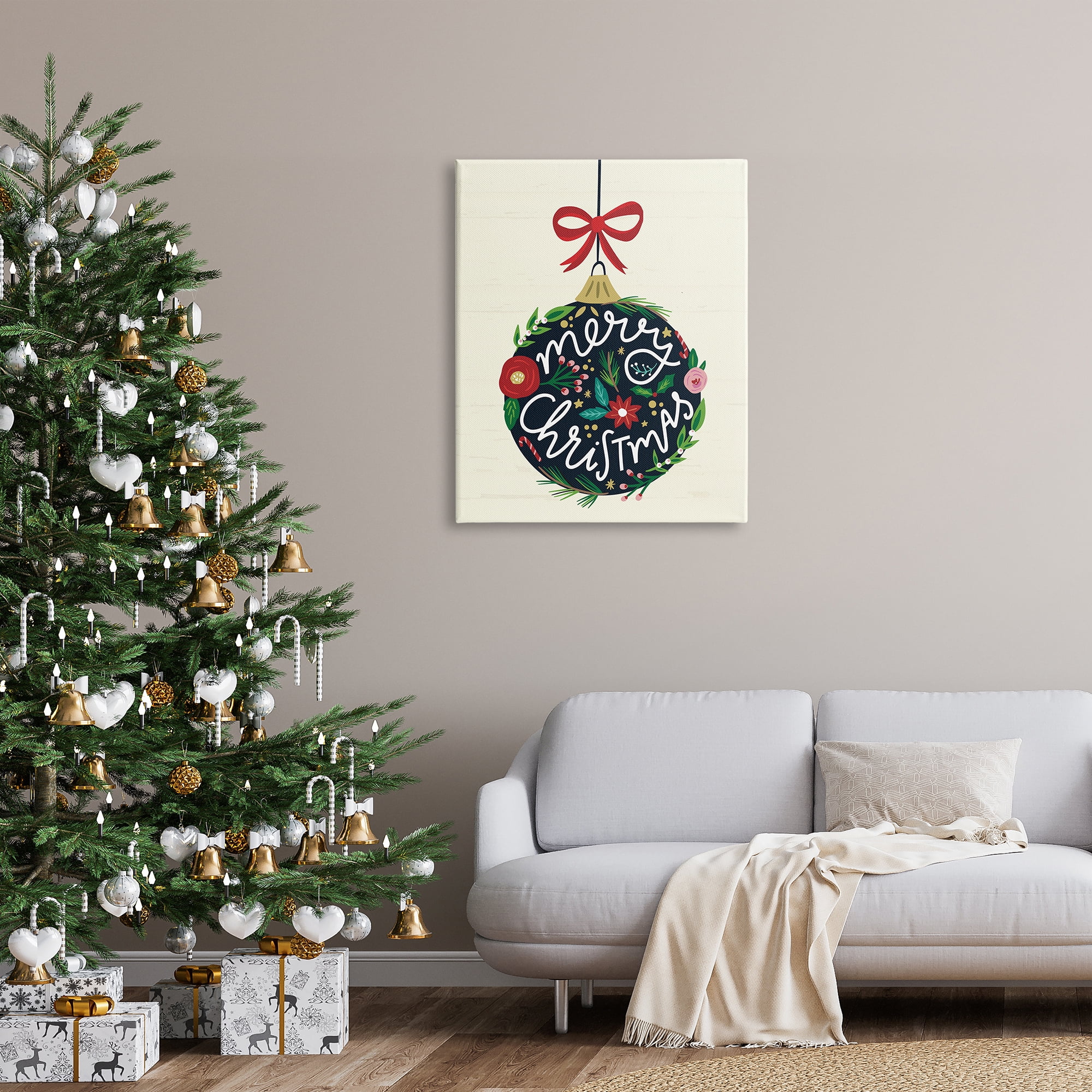 Stupell Industries Merry Christmas Hanging Botanical Ornament Red Bow Graphic Art Gallery Wrapped Canvas Print Wall Art, Design by Louise Allen