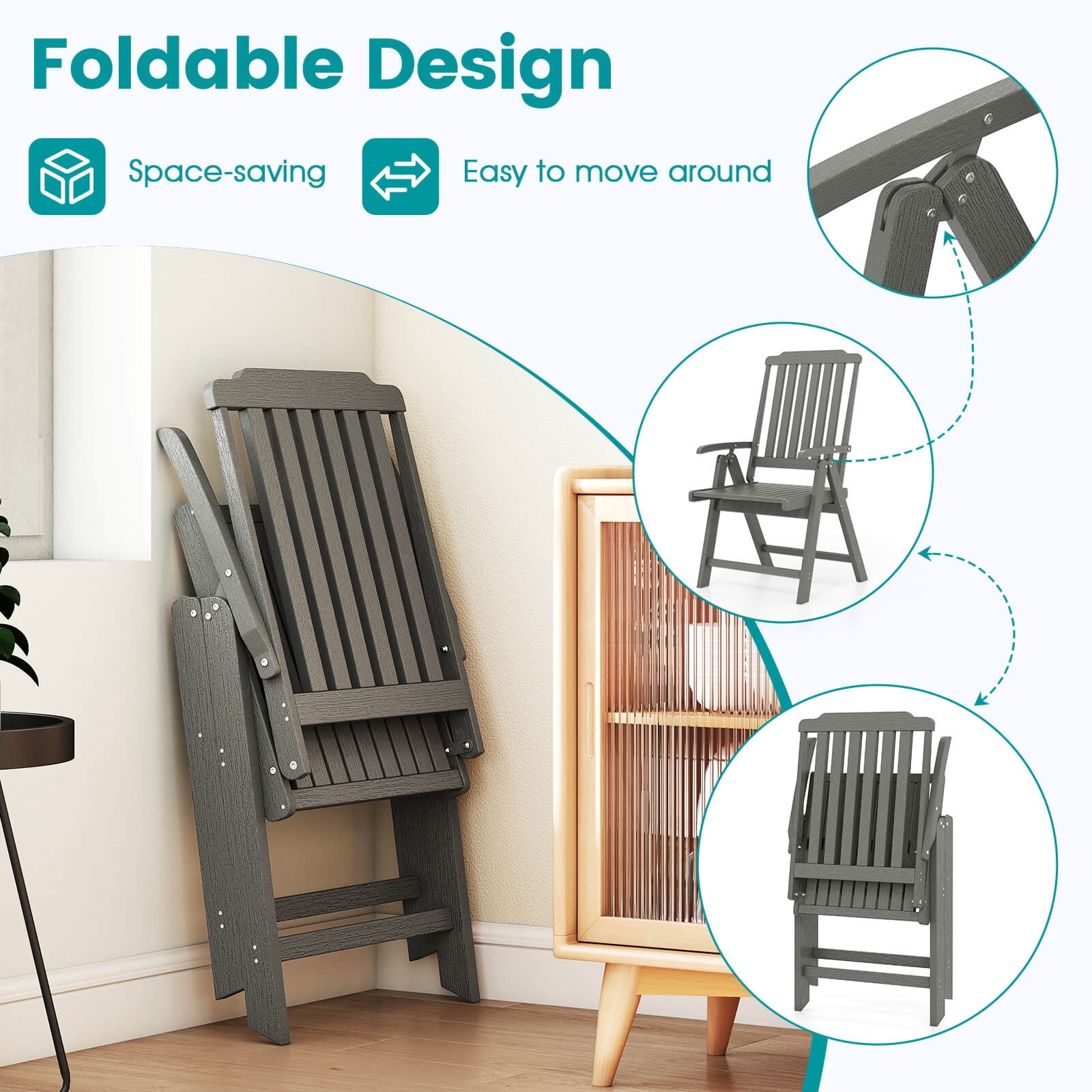 Costway Foldable Patio Chair with Armrest, Curved Back, Slatted Seat for Backyard Deck Gray