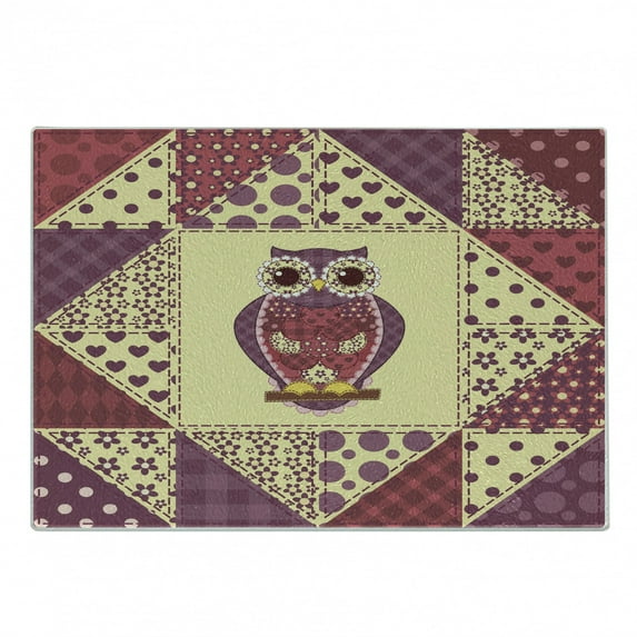 Owl Cutting Board, Vintage Inspired Owl Pattern Invisible to Prey Nocturnal Mimicking Predator, Decorative Tempered Glass Cutting and Serving Board, Small Size, Purple Pink Yellow, by Ambesonne