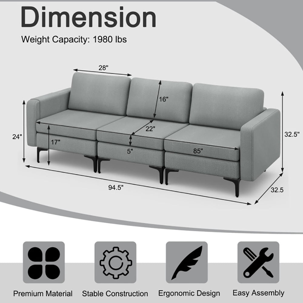 Finihen Sectional Sofa Couch, 3-Seat Sectional Sofa Couch with Armrest Magazine Pocket and Metal Leg, for Living Room, Bedroom, Gray Finihen Sectional Sofa Couch, 3-Seat Sectional Sofa Couch with Armrest Magazine Pocket and Metal Leg, for Living Room, Bedroom, Gray