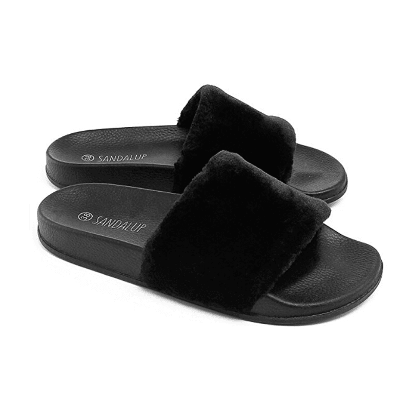 Womens Soft Fur Slide Flip Flop Slippers Flat Open Toe Faux Fuzzy Furry Sandals
