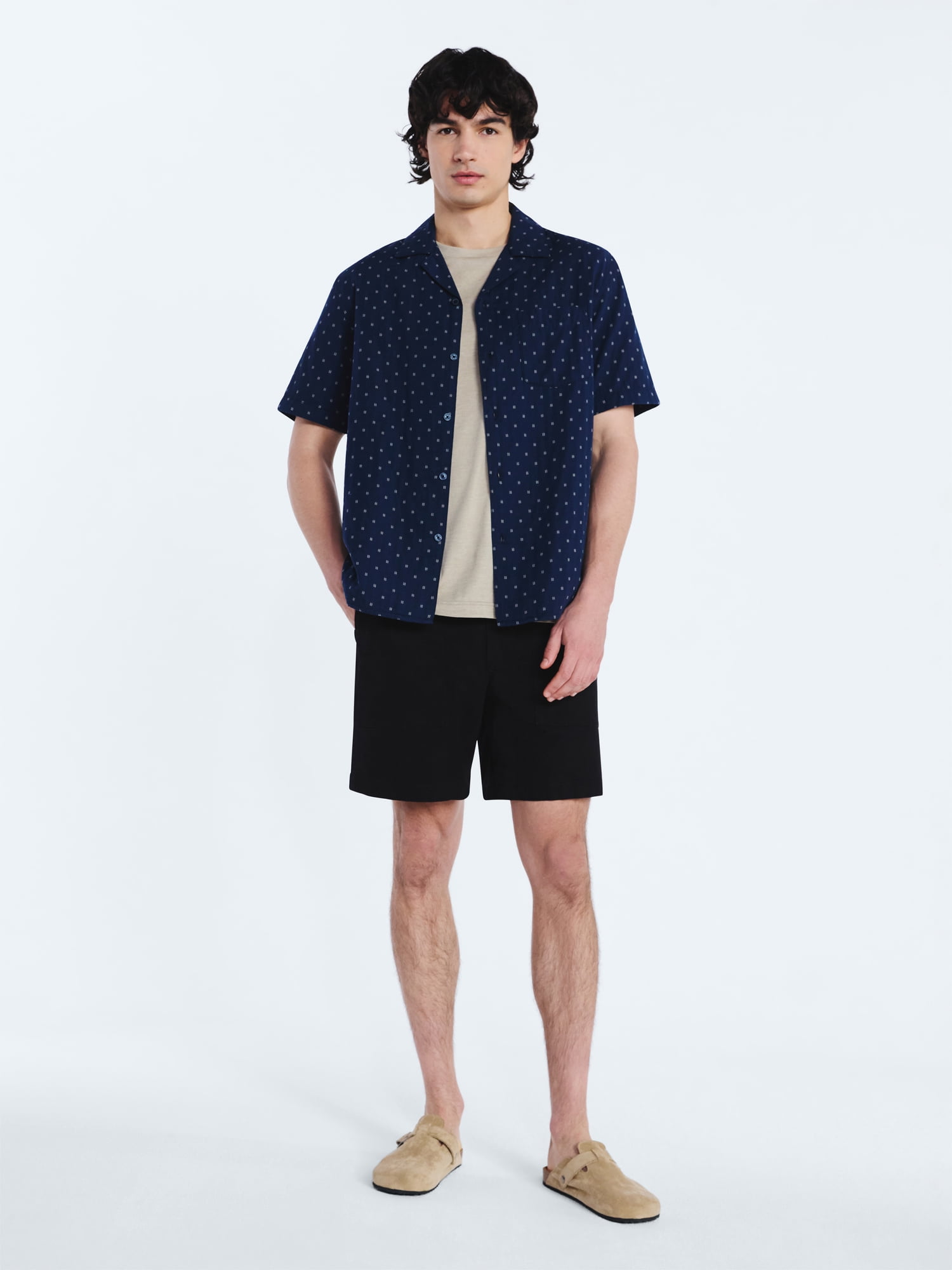 Free Assembly Men's Double Cloth Cotton Camp Shirt with Short Sleeves, Sizes S-3XL