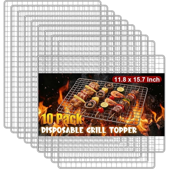 10 Pack Disposable Grill Topper, 11.8 X 15.8 Inch Stainless Steel Barbecue Mesh Mat, Disposable Grill Grates, Baking Rack Grid Grates, BBQ Roasting Racks for Camping Picnics Outdoor