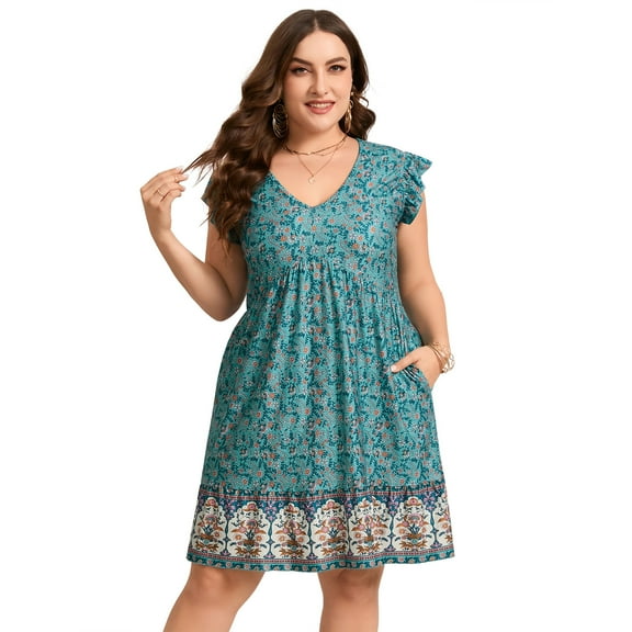 Small flying sleeve hem patchwork babydoll plus size dress