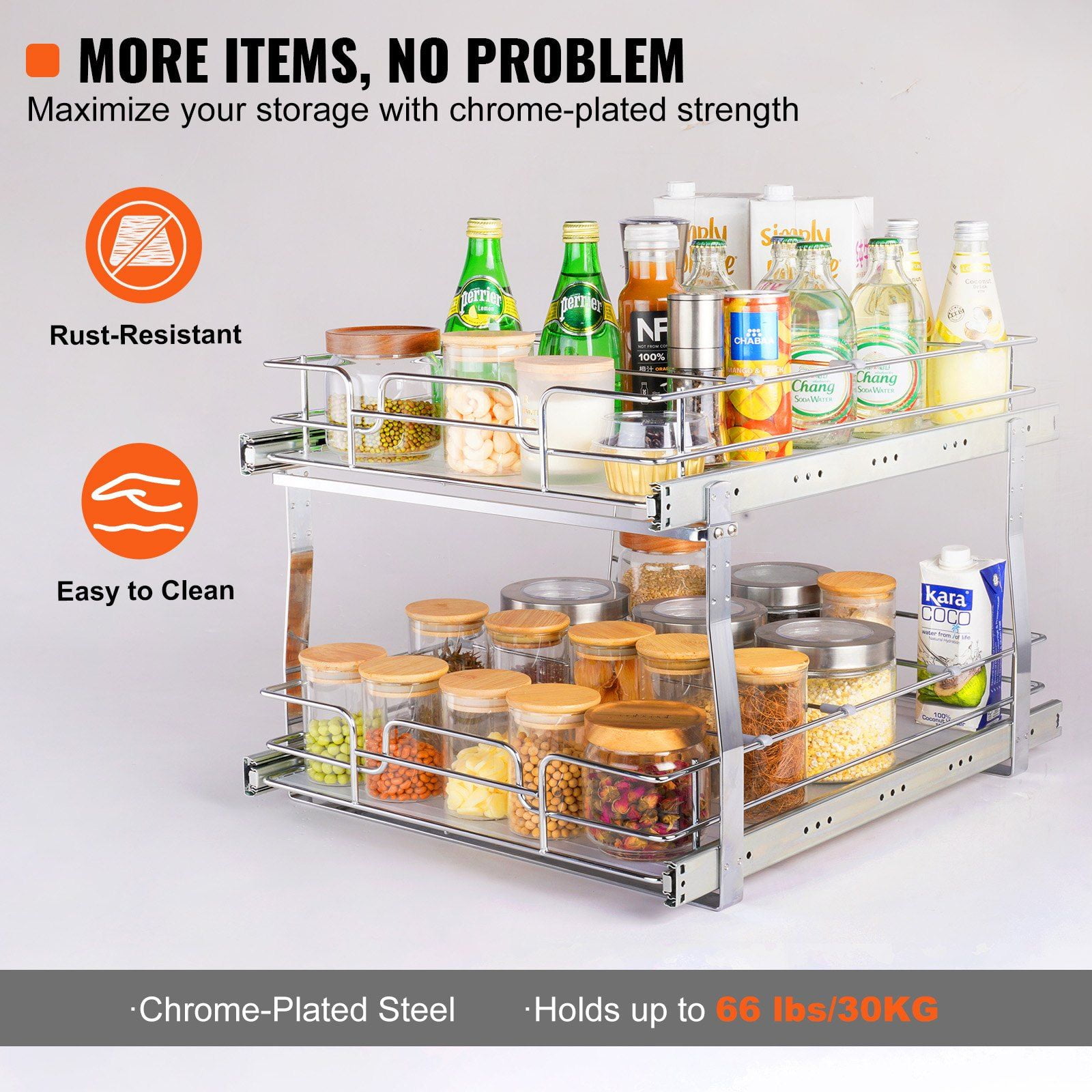 2 Tier Slide Out Pantry Shelves, 20 Inches Wide x 21 Inches Deep Pull Out Cabinet Organizer, Chrome Steel Roll Out Drawers for Kitchen & Bathroom