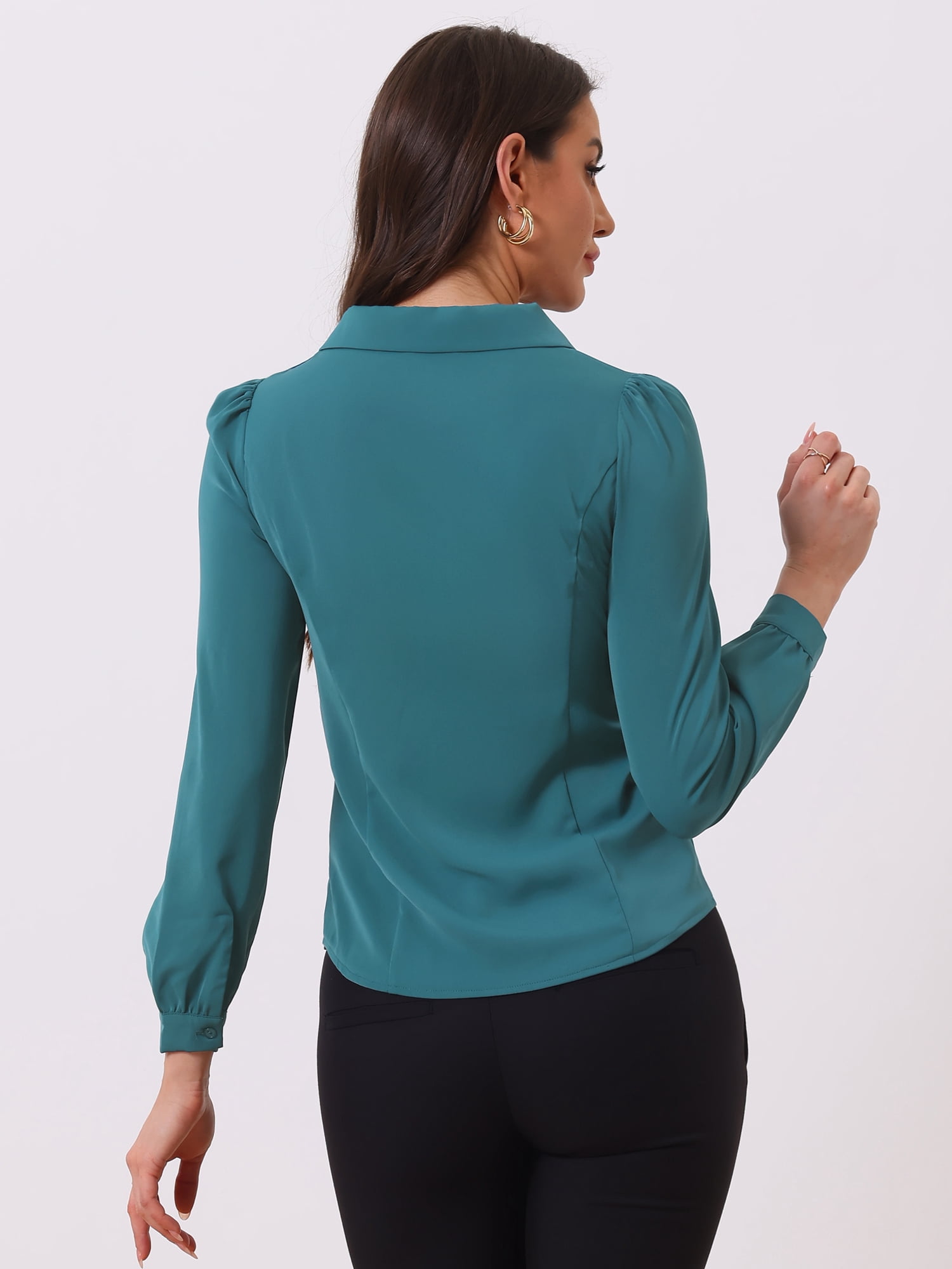 DARING DIVA Pan Collar Bow Tie Neck Work Office Shirt M Peacock Blue