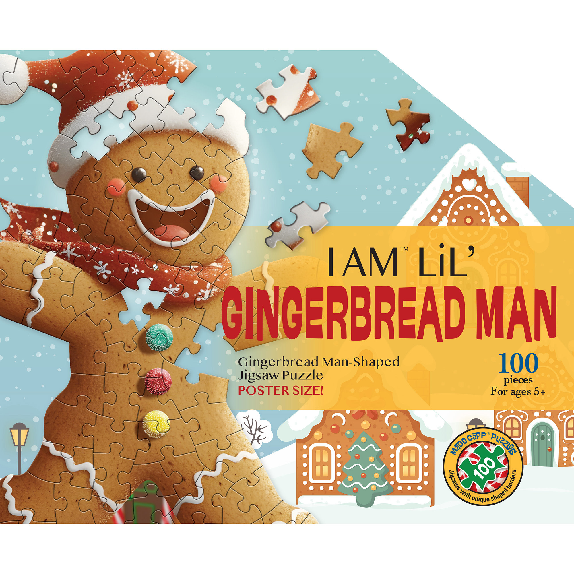 Madd Capp: I Am LiL' Gingerbread Man - 100 Piece Puzzle - Kids Holiday Cookie Shaped Jigsaw, 25x33", Poster Reference, Educational Fun Fact Booklet