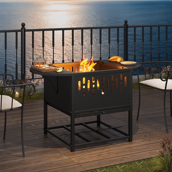 Oubayajia Outdoor Fire Pit Table, Metal Wood Burning Fire Pit with Lid & Poker & Foldable Tabletop & Ash Tray, for Backyard, Patio, Garden, 18 Inch, Black