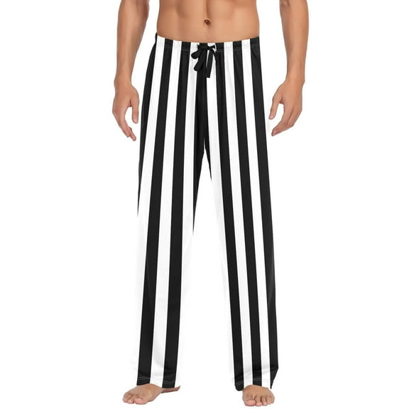 White and Black Stripe Pattern Men's Pajama Pants Cotton Long Sleepwear Lounge Pants L
