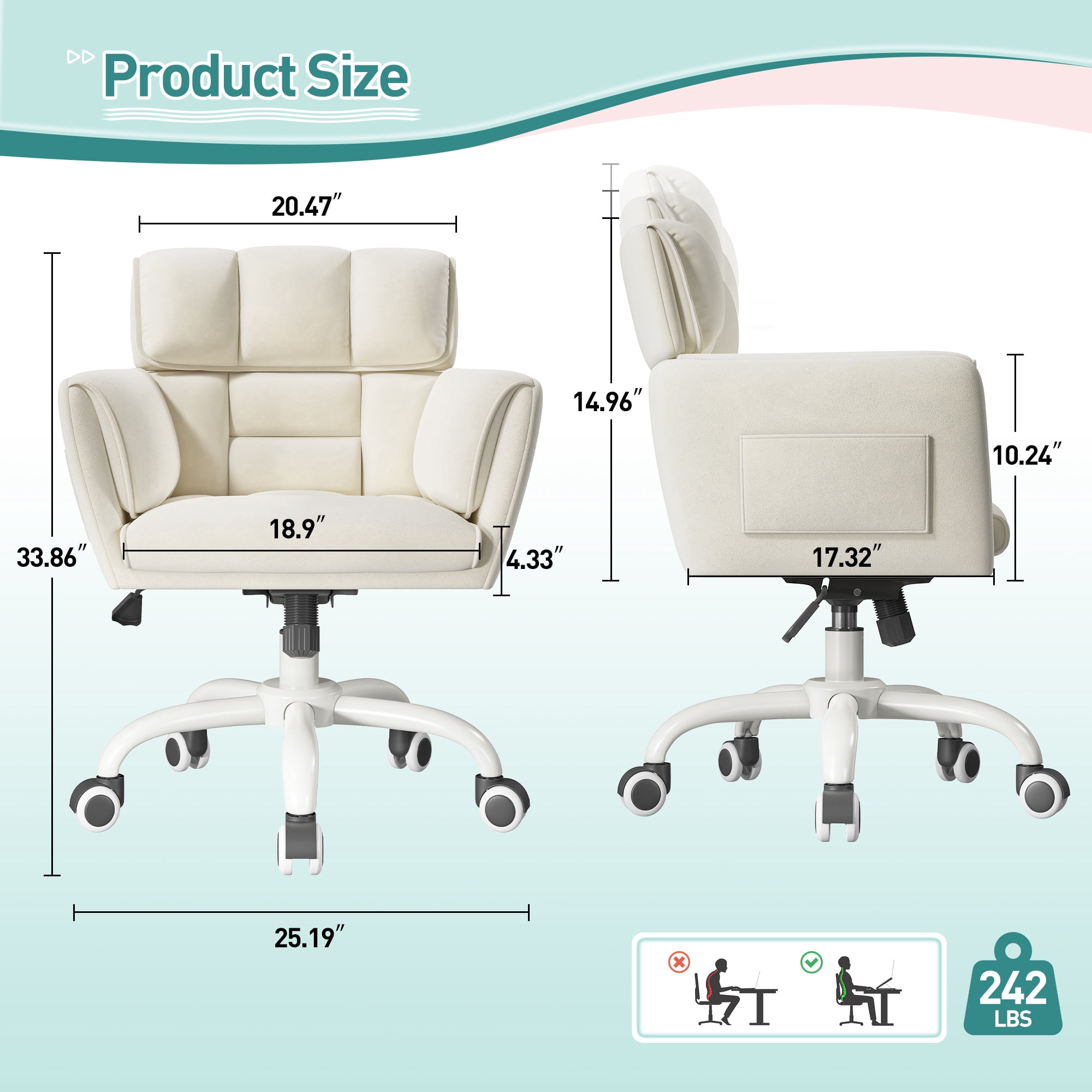 Romorgniz Adjustable Office Chair with Wheels, Soft-Touch Upholstered Desk Chair with Side Pockets, Ergonomic Vanity Chair for Bedroom, Home Office, Pale Yellow