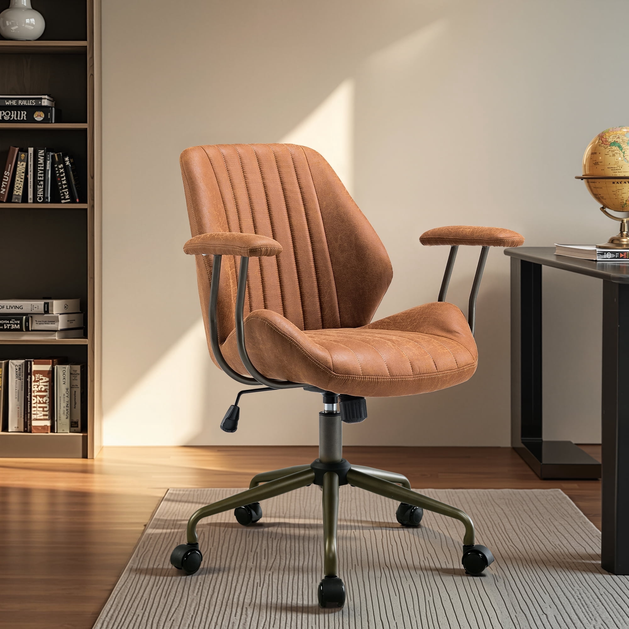 Toject Ergonomic Office Chair, Mid Back Comfy Home Office Chair with Lumbar Support, Mid-Century Modern Computer Executive Desk Chair with Thickened Cushions (Suede Leather, Brown)