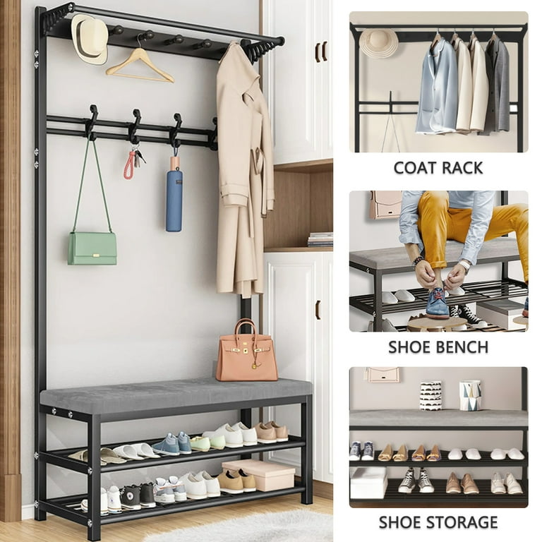 4 in 1 Entryway Hall Tree, Multifunctional Coat Rack with Bench & 2 Tier Shoe  Rack, 10 Hooks, White 