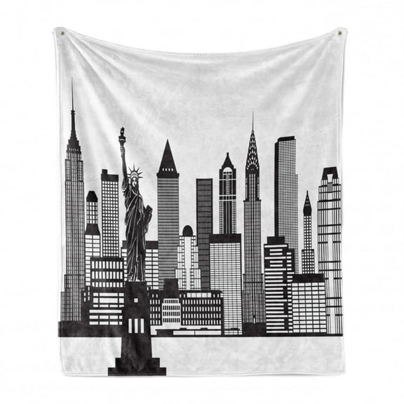 City Soft Flannel Fleece Throw Blanket, Monochromatic Simple Design New York Skyline Statue of Liberty Print, Cozy Plush for Indoor and Outdoor Use, 50" x 70", Charcoal Grey and White, by Ambesonne