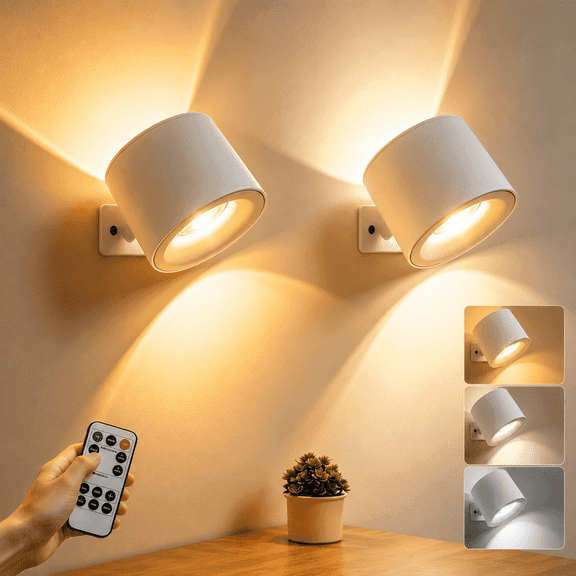 2Pcs LED Wall Sconces, 2-in-1 Cordless Wall Light & Night Light, Rechargeable Wall Mount Lamp with Remote, 3 Color Temp & Dimmable 360° Rotation Magnetic Reading Light for Bedroom Bedside