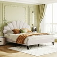 thumbnail image 2 of Gewnee Queen Size Upholstered Velvet Platform Bed Frame with Flower Pattern Headboard, Beige, 2 of 8
