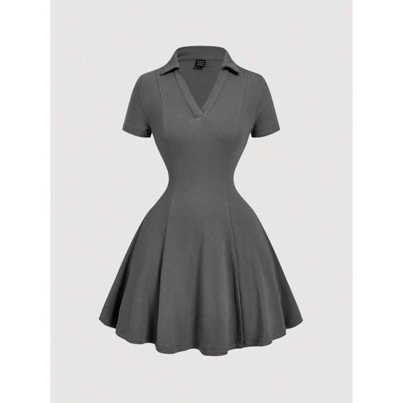 Dark Grey Vintage Knit Dress Collared Skater Mini Dress