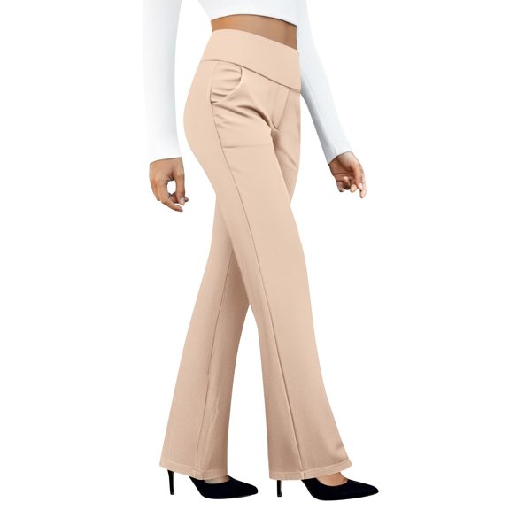 JUUNthy Womens Dress Pants, Stretchy High Waist Flat Front Straight Leg Business Works Trousers with Pockets Beige XL