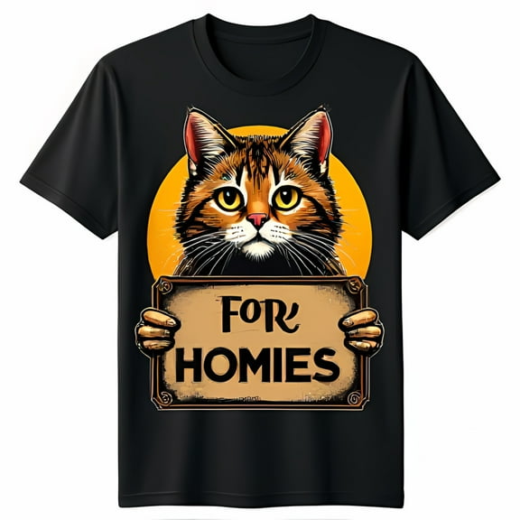 Funny Cartoon Tabby Cat T-Shirt 'For Homies' Design on Black Tee