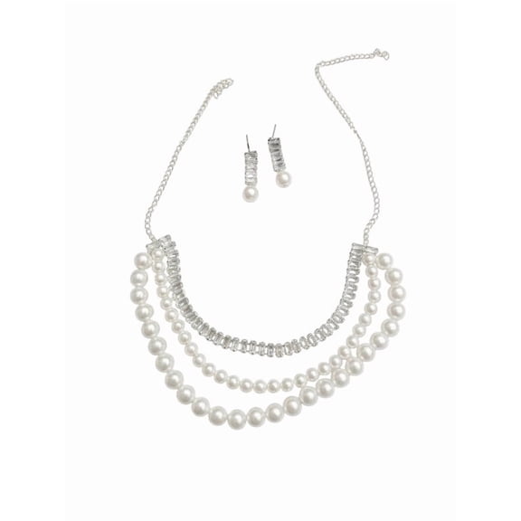 RK Art Jewelry - Elegant White Pearl Layered Jewelry Set with Crystal Necklace and Matching Earrings for Women