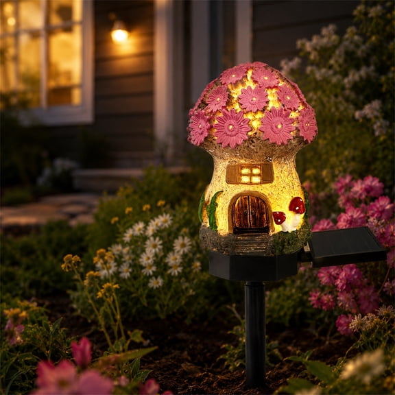 Mushroom Solar Lights Outdoor,Waterproof Solar Fairy-Tale Garden Decor, Mushroom House Statue Light for Lawns, Walkways, Patios