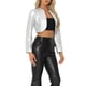 thumbnail image 4 of Chaquetas cortas de cuero PU Inspire Chic para mujer, chaqueta de manga larga de frente abierto, XS, plateada, 4 of 6