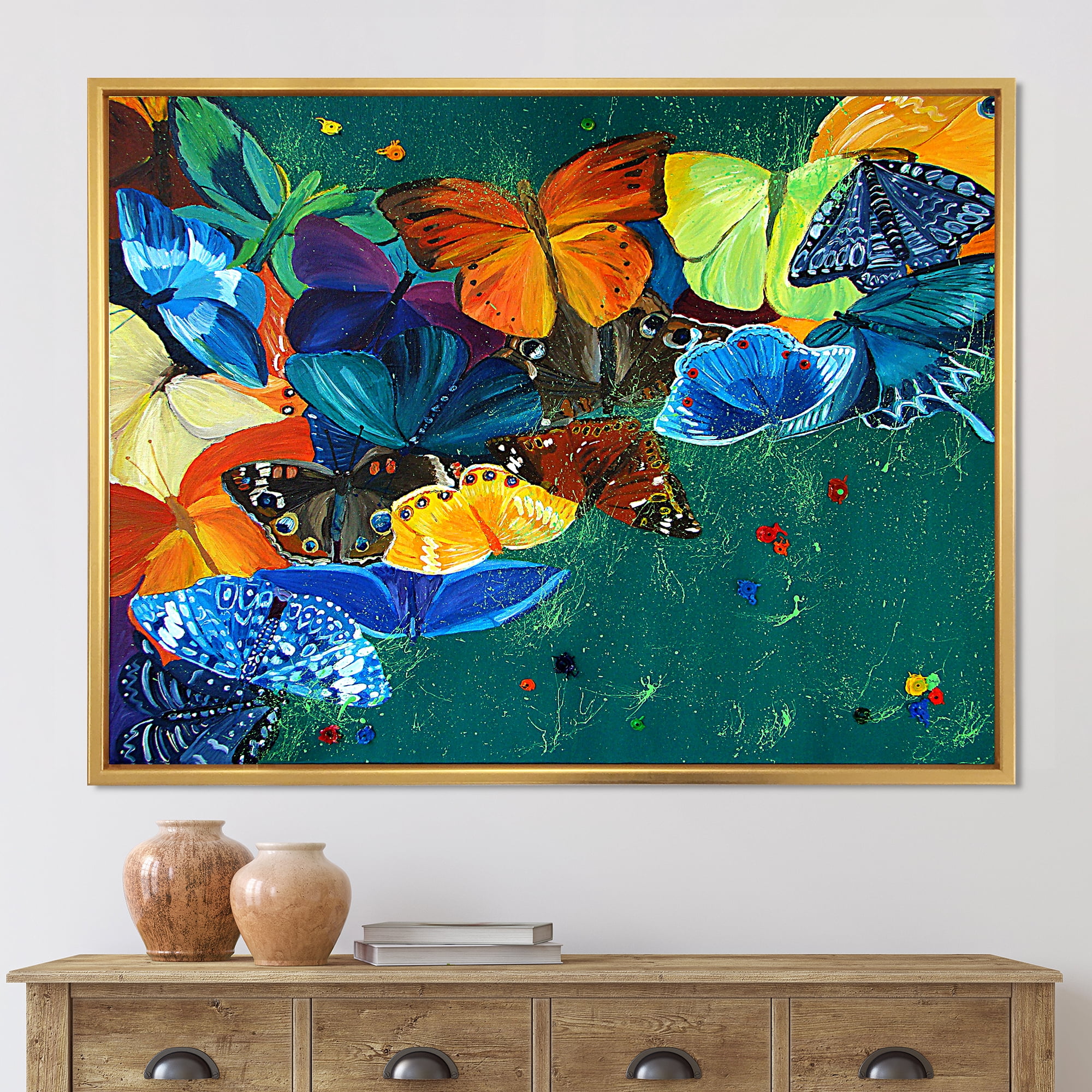 Designart 'Abstract Colour Butterflies On A Gree' Modern Framed Canvas Wall Art Print