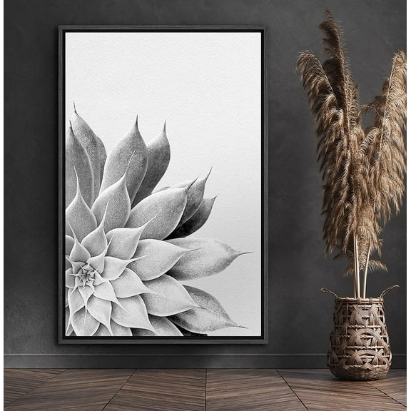 PixonSign Framed Canvas Print Wall Art Blossoming Spiky Succulent Floral Wilderness Illustrations Modern Art Rustic Relax/Calm Black and White for Living Room, Bedroom, Office - 24"x36" Black
