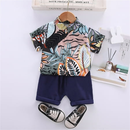 

Hunpta Kids Toddler Boy Clothes Short Sleeve Leaves Printed Lapel Buttons Shirt Pockets Shorts Set Gentleman Outfits Set