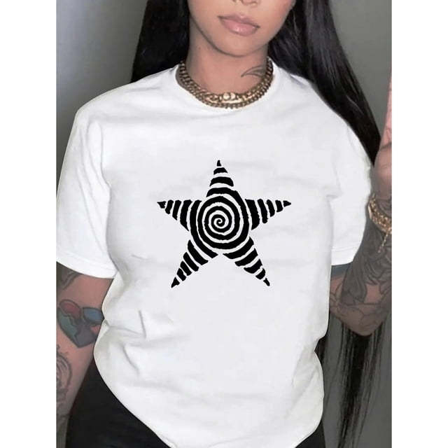 Camiseta informal con estampado geométrico de estrellas para mujer: tejido de punto de algodón, elasticidad media, cuello redondo, comodidad para todo el año, manga corta a la moda, camisetas informal