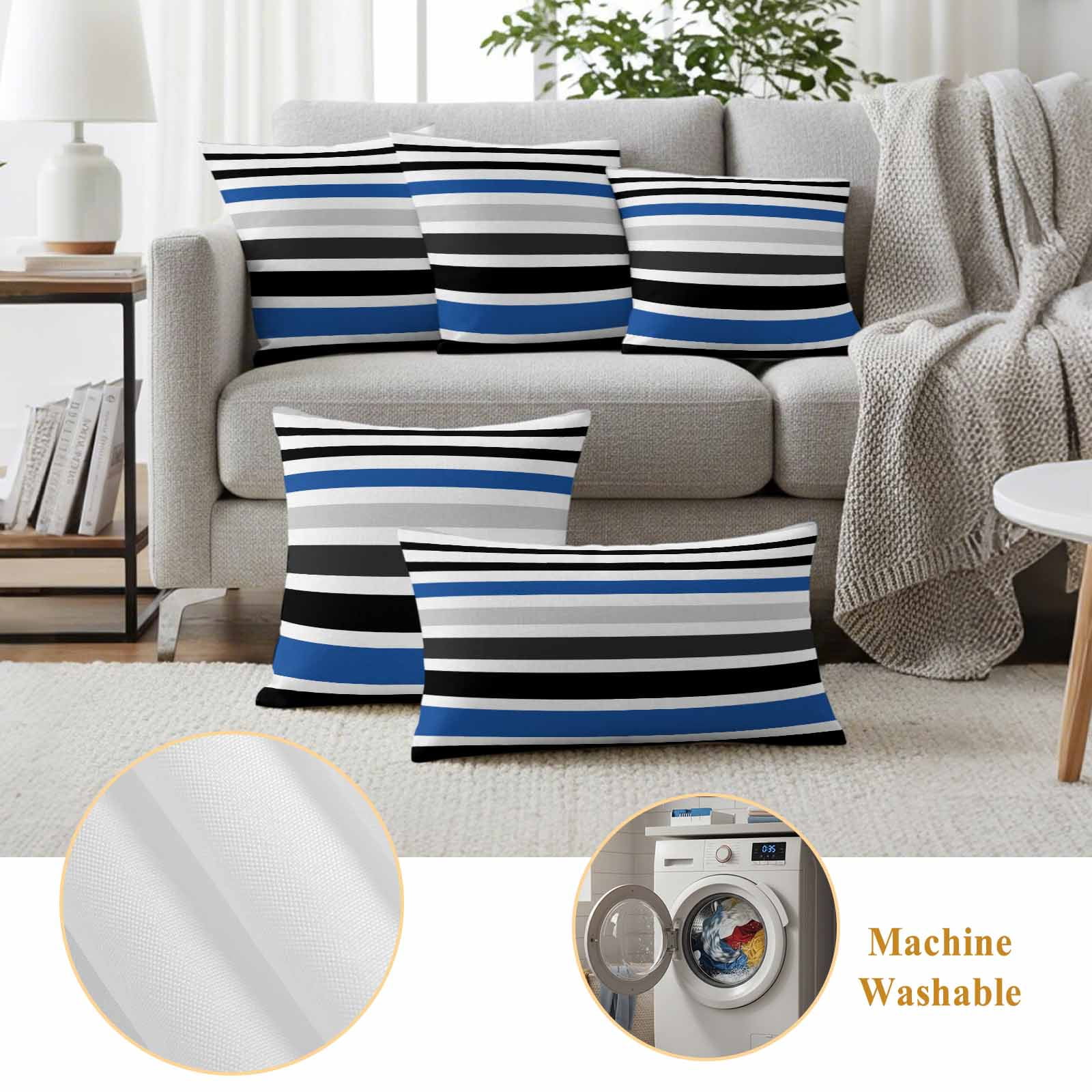 Navy Blue Black Stripe Outdoor Waterproof Pillow Covers, Modern Abstract Coarse Striped Decorative Square Throw Pillowcase Sofa Cushion Sham for Patio/Couch/Chair, 26"x26" 2 Pack